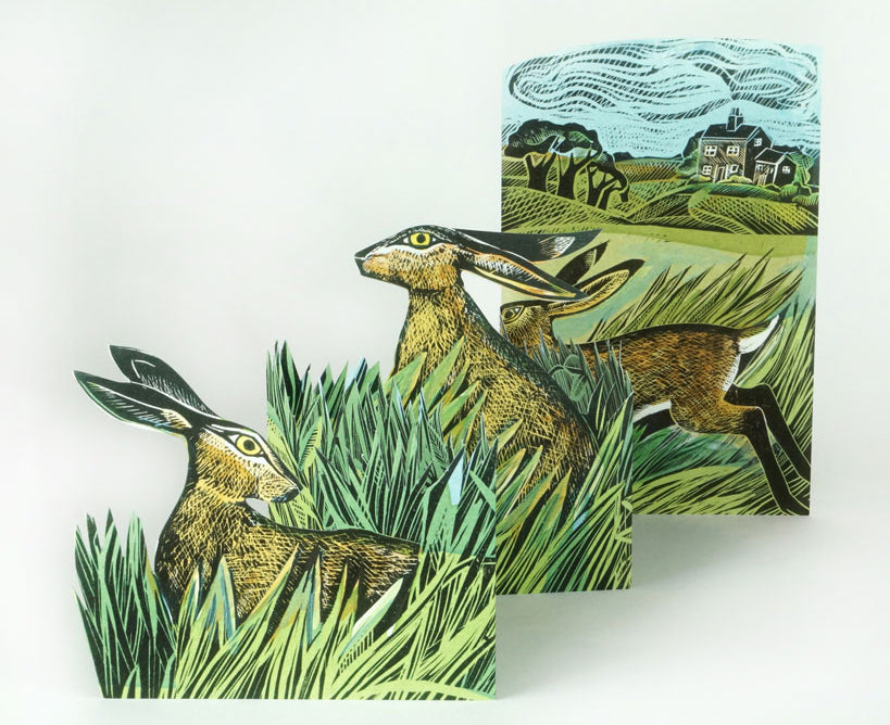 Hares and Open Field by Angela Harding Blank Concertina Greeting Card