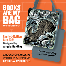 Load image into Gallery viewer, Books Are My Bag Limited-Edition TOTE Bag 2024, designed by Angela Harding: scenic landscape of Shetland and its iconic otters.
