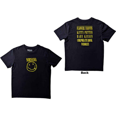 Nirvana Flower Sniffin Yellow Smiley Black T-Shirts - Size L-5052905294454